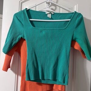 H&M Green and Orange bundle of 2 Ribbed Fitted 3/4 Sleeve Blouse M & S